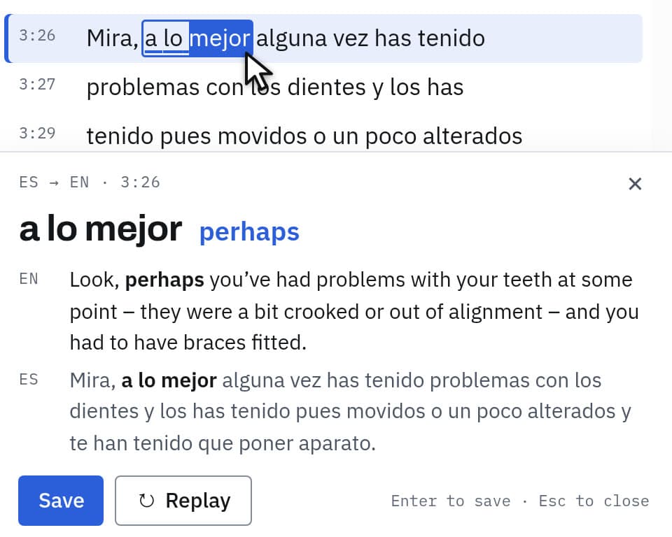 CaptionLearn, tap on «mejor»
