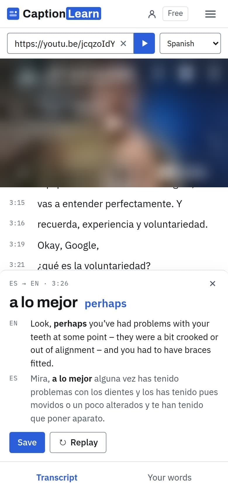 CaptionLearn on a phone: the card for a lo mejor under the video