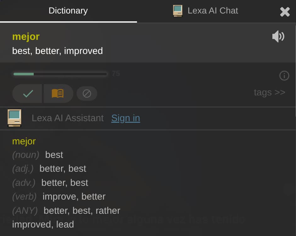 Language Reactor, click on «mejor»